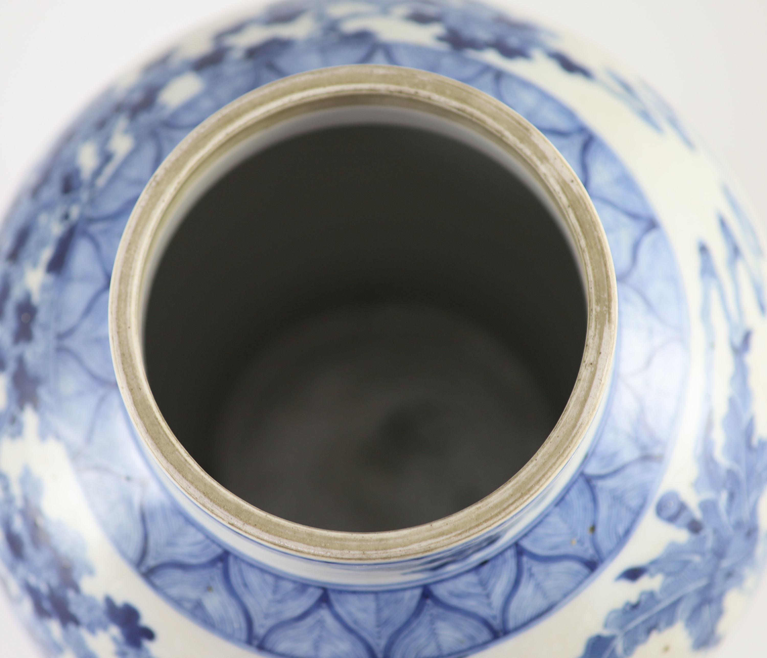 A large Chinese blue and white ‘ladies’ vase, Kangxi mark, 19th century, 44cm high, wood stand